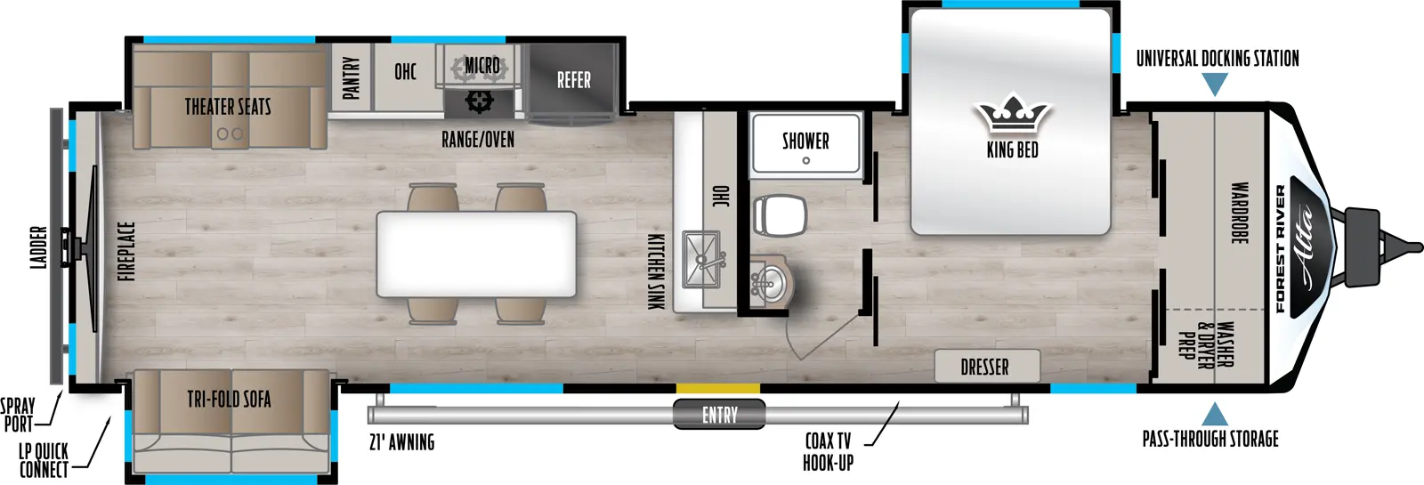 The 3250KXT has three slideout and one entry. Exterior features universal docking station, pass-through storage, coax TV hookup, 21 foot awning, LP quick connect, spray port, and ladder. Interior layout front to back: wardrobe with washer/dryer prep, off-door side king bed slideout, and door side dresser; off-door side full bathroom; kitchen counter with sink and overhead cabinet along inner wall; off-door side slideout with refrigerator, microwave, oven/range, overhead cabinet, pantry, and theater seats; door side entry and slideout with tri-fold sofa; kitchen island with seating; rear TV with fireplace.